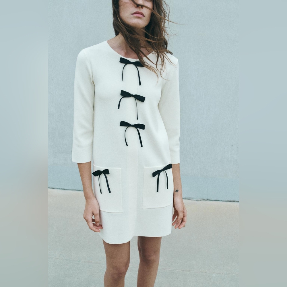 NWT Zara White Mini Dress with Black Bow Details Flaw